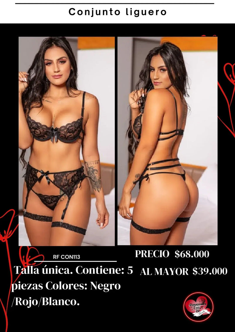 Conjunto en tela encaje con liguero referencia con113